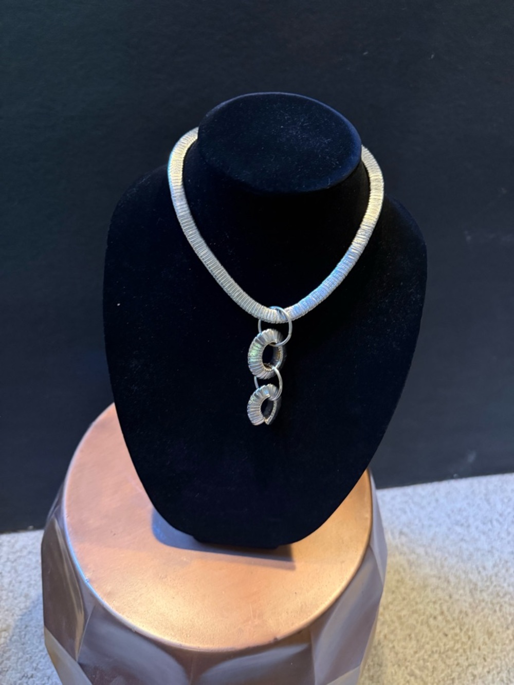 Source Unknown Silver Textured Tubular Necklace with Triple Ring Pendant